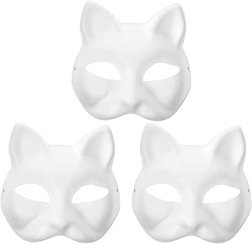 Maske Katze Maske, DIY Blank Katze Masken zum Bemalen, Halloween Handbemalte Gesichtsmaske Persönlichkeit Kreative Maskerade Maske für Tanzparty (3 Stück) von WLHHBO