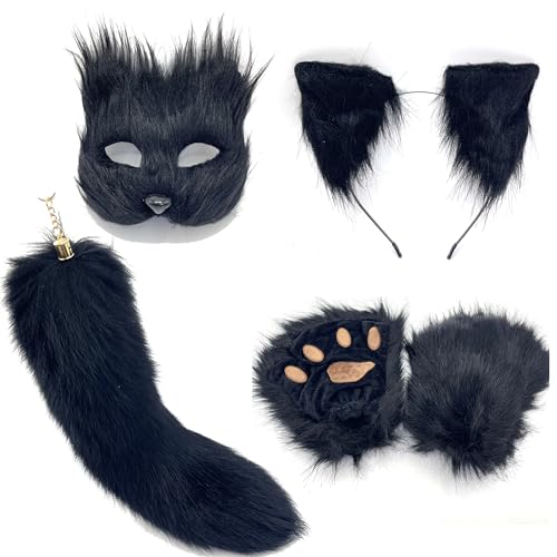 Maske und Schwanz-Set für Damen, Halloween-Kostüm, Fuchsschwanz, Wolfsmaske, Katzenohren, Cosplay, für Fuchsmaske, Pfoten von WLHHBO