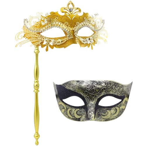 Maskenballmaske mit Haltestab, Mardi Gras Maske, Mardi Gras Maske, Cosplay Maske (Gold + Antikes Gold) von WLHHBO