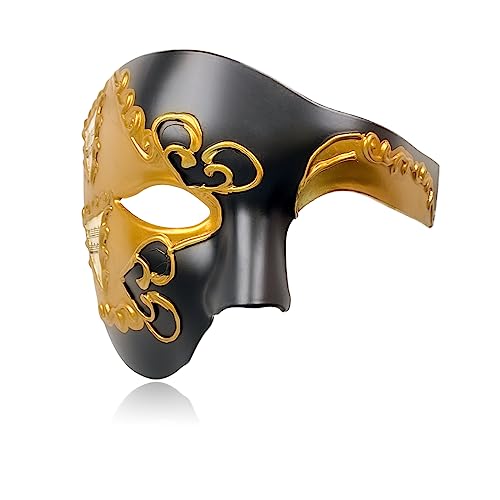 Maskerade-Maske für Herren, Phantom der Oper, Halbgesichtsmaske, venezianische Phantommaske für Halloween-Kostümparty, Schwarz / Gold von WLHHBO