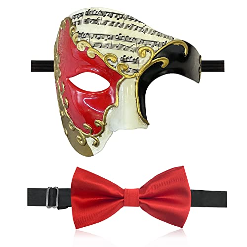 Maskerade-Maske für Herren, Phantom der Oper, Halbgesichtsmaske mit Fliege, venezianische Masken für Halloween-Party, Schwarz / Rot von WLHHBO