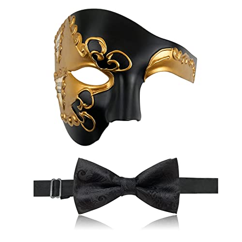 Maskerade-Maske für Herren, Phantom der Oper, Halbgesichtsmaske mit Fliege, venezianische Masken für Halloween-Party (Schwarz + Gold) von WLHHBO