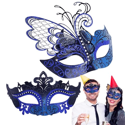 Paar-Masken-Set, Metallmasken, Halloween-Kostümmaske, Karnevalsmaske, Maskerade-Party-Maske für Paare, Damen und Herren, Maskerade-Party-Dekorationen, Masken für Maskenball (blau) von WLHHBO