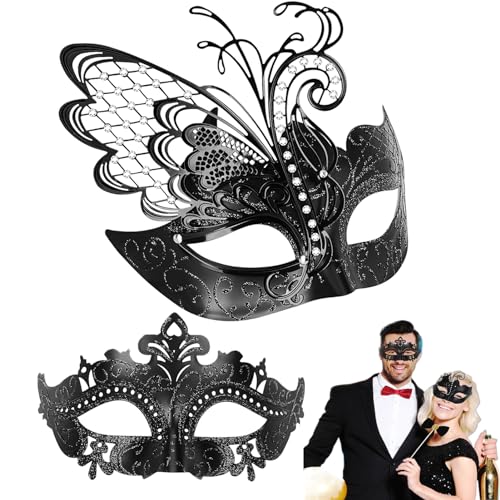 Paar-Masken-Set, Metallmasken, Halloween-Kostümmaske, Karnevalsmaske, Maskerade-Party-Maske für Paare, Damen und Herren, Maskerade-Party-Dekorationen, Masken für Maskenball (schwarz) von WLHHBO