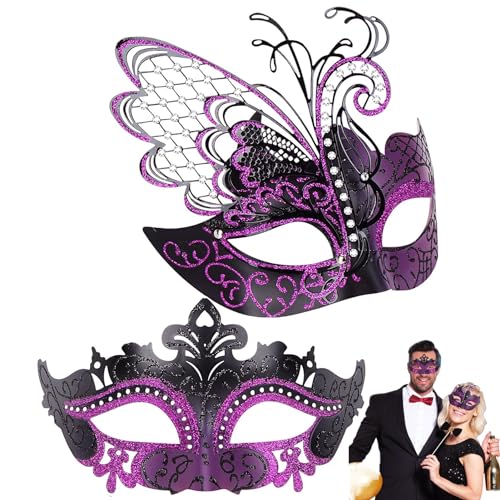 Paar-Masken-Set, Metallmasken, Halloween-Kostümmaske, Karnevalsmaske, Party-Maske für Paare, Damen und Herren, Maskerade-Party-Dekorationen, Masken für Maskenball (lila) von WLHHBO