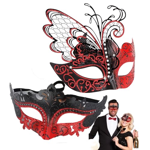 Paar-Masken-Set, Metallmasken, Halloween-Kostümmaske, Karnevalsmaske, Party-Maske für Paare, Damen und Herren, Maskerade-Party-Dekorationen, Masken für Maskenball (rot) von WLHHBO