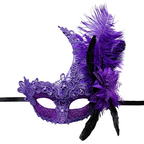 Schwarze Federmaske, venezianische Maske für Damen, Cosplay, Party, Halloween, Karneval, Weihnachten, Maske (lila) von WLHHBO