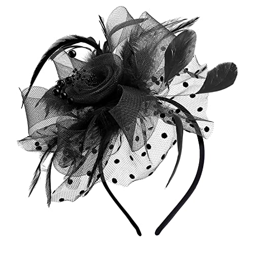 WLLHYF 1920er Hut Frauen Hochzeit Perlen Gittergewebe Federn Fascinator Kopfschmuck für Cocktail Tea Party-Hüte Frauen und Mädchen(schwarz) von WLLHYF