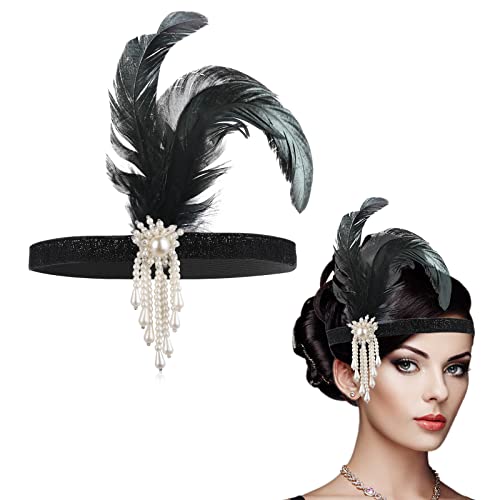 WLLHYF 1920er Jahre Flapper Stirnband, Feder Kopfbedeckung Kopfschmuck 1920er Bling Strass Haarschmuck für Frauen Mädchen Themen Kostüm Abschlussball Party Dekoration (Weiße Perlen) von WLLHYF