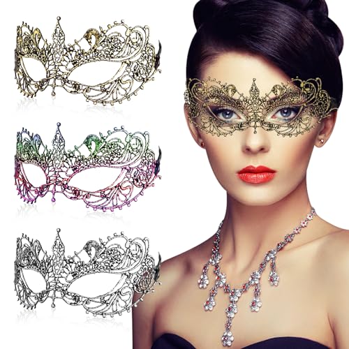 WLLHYF 3 Stück Spitze Maske Fun Vintage Maskerade Maske Spitze Augenmaske für Frauen Männer Halloween Maskerade Karneval Party Kostüm Ball Cosplay Foto-Shooting (Gold/Farbe/Silber) von WLLHYF