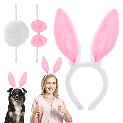 WLLHYF 3 Stück Ostern Hasenohren Set Ohren Stirnband Häschen Kostüm Hasenohren Stirnband Krawatte und Schwanz Kostüm Cosplay Party Zubehör für Kinder Frauen Mädchen Weihnachten Halloween von WLLHYF