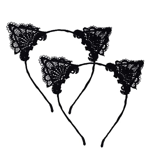 WLLHYF 2 Stück Halloween Haarreif mit Katzenohren aus Spitze Cat Ears Stirnband Süß schwarz Spitze Haarschmuck für Damen Frauen Mädchen Karneval Party Maskerade Cosplay Kostümzubehör(2) von WLLHYF