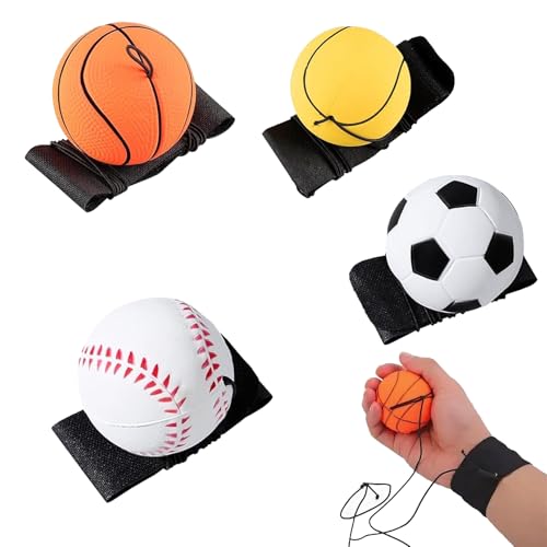 4 Stück Springball mit Schnur,Handgelenk Return Ball Kind,Ball an Schnur,Gummi Rebound Ball,Sport Spielzeug für Kind Spielen und handgelenkübungen,Ball mit Schnur Fußball,Basketball,Tennis,Baseball von WLVinson