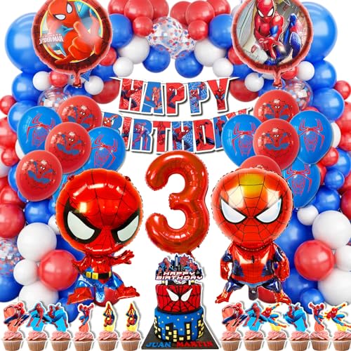 WLXWZ 123 Stück Spideyy Geburtstagsdeko, Spiderm Geburtstagsdeko 3 Jahre, Spiderm Geburtstag Luftballon und Zahlenballons 3 Jahre, Spiderm Tortendeko, Spiderm Deko Geburtstag Kinder 3 Jahre von WLXWZ