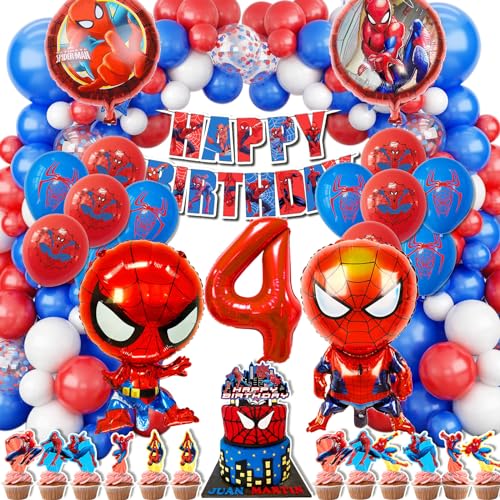 WLXWZ 123 Stück Spideyy Geburtstagsdeko, Spiderm Geburtstagsdeko 4 Jahre, Spiderm Geburtstag Luftballon und Zahlenballons 4 Jahre, Spiderm Tortendeko, Spiderm Deko Geburtstag Kinder 4 Jahre von WLXWZ