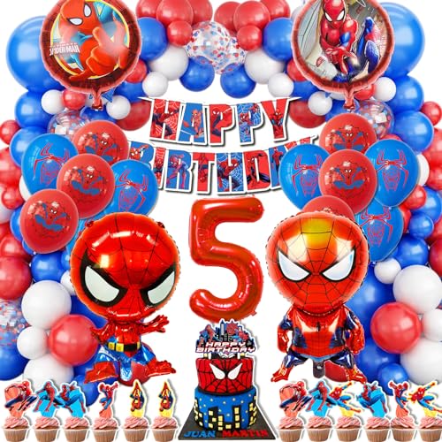 WLXWZ 123 Stück Spideyy Geburtstagsdeko, Spiderm Geburtstagsdeko 5 Jahre, Spiderm Geburtstag Luftballon und Zahlenballons 5 Jahre, Spiderm Tortendeko, Spiderm Deko Geburtstag Kinder 5 Jahre von WLXWZ