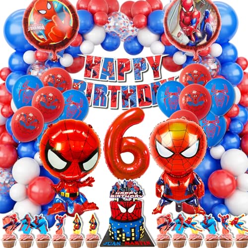 WLXWZ 123 Stück Spideyy Geburtstagsdeko, Spiderm Geburtstagsdeko 6 Jahre, Spiderm Geburtstag Luftballon und Zahlenballons 6 Jahre, Spiderm Tortendeko, Spiderm Deko Geburtstag Kinder 6 Jahre von WLXWZ
