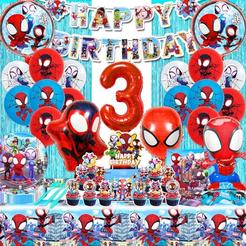 WLXWZ 87 Stück Spiderma Geburtstagsdeko, Spider Geburtstag Partygeschirr 3 Jahre, Spider Luftballon, Tortendeko, Tischdecke, Teller, Lametta Vorhang, Spider Deko Geburtstag Kinder 3 Jahre von WLXWZ