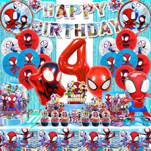 WLXWZ 87 Stück Spiderman Geburtstagsdeko, Spider Geburtstag Partygeschirr 4 Jahre, Spider Luftballon, Tortendeko, Tischdecke, Teller, Lametta Vorhang, Spider Deko Geburtstag Kinder 4 Jahre von WLXWZ