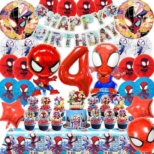 WLXWZ Spiderm Geburtstagsdeko 4 Jahre, Spiderm Geburtstag Luftballon und Zahlenballons, Spider Tortendeko, Spider Tischdecke, Happy Birthday Girlande, etc, Spiderm Deko Geburtstag Kinder 4 Jahre von WLXWZ