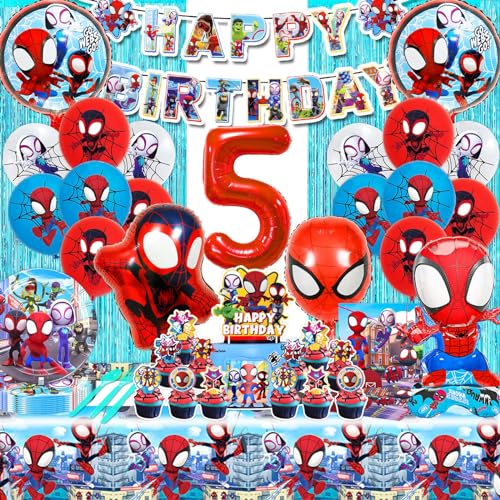 WLXWZ 87 Stück Spiderman Geburtstagsdeko, Spider Geburtstag Partygeschirr 5 Jahre, Spider Luftballon, Tortendeko, Tischdecke, Teller, Lametta Vorhang, Spider Deko Geburtstag Kinder 5 Jahre von WLXWZ