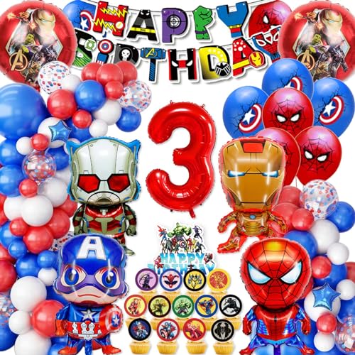 WLXWZ Superhelde Geburtstag 3 Jahre, 155 Stück Marve Geburtstagsdeko Set, Avenge Geburtstag Deko Jungen, Superhelde Luftballon Kindergeburtstag Deko, Marve Tortendeko(Luftballon 3 Jahre) von WLXWZ