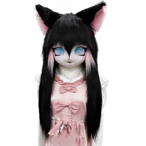 WLYEZAU Fursuit Kig-Tiermaske, Anime-Stil-Tierkapuze, Lolita-Halloween-Kostüm-Kopfbedeckung, tragbare Kapuzenparty-Verkleidung(Color:C) von WLYEZAU