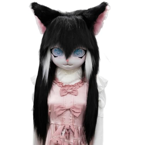 WLYEZAU Fursuit Kig-Tiermaske, Anime-Stil-Tierkapuze, Lolita-Halloween-Kostüm-Kopfbedeckung, tragbare Kapuzenparty-Verkleidung(Color:E) von WLYEZAU