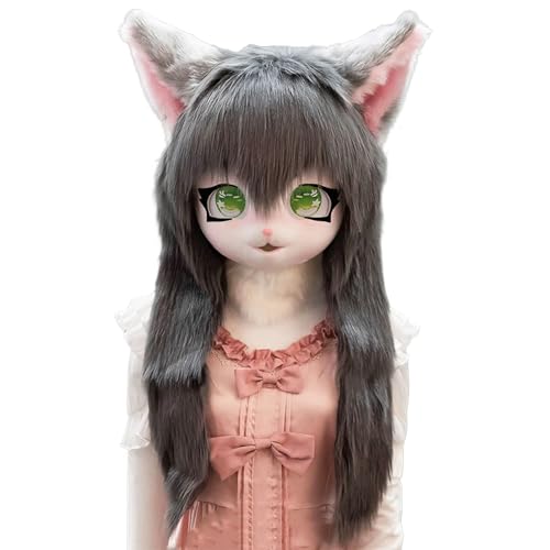 WLYEZAU Fursuit Kig-Tiermaske, Anime-Stil-Tierkapuze, Lolita-Halloween-Kostüm-Kopfbedeckung, tragbare Kapuzenparty-Verkleidung(Color:G) von WLYEZAU