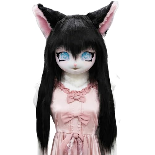 WLYEZAU Fursuit Kig-Tiermaske, Anime-Stil-Tierkapuze, Lolita-Halloween-Kostüm-Kopfbedeckung, tragbare Kapuzenparty-Verkleidung(Color:I) von WLYEZAU