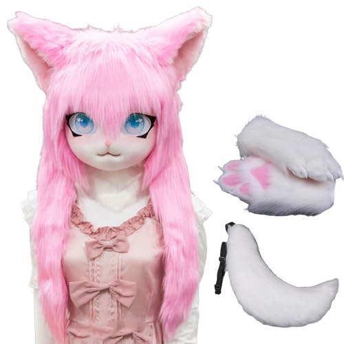 WLYEZAU Fursuit Kig Tiermaske, Pelzkapuze Mit Schwanz-Plüschhandschuhen, Party-Verkleidung, Tragbare Tierkapuze (Color : 16) von WLYEZAU