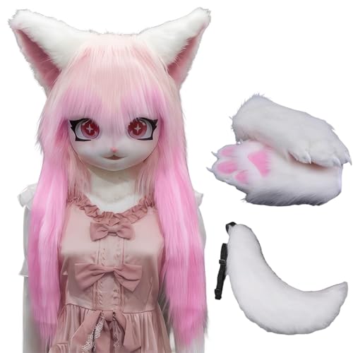 WLYEZAU Fursuit Kig Tiermaske, Pelzkapuze Mit Schwanz-Plüschhandschuhen, Party-Verkleidung, Tragbare Tierkapuze (Color : 1) von WLYEZAU