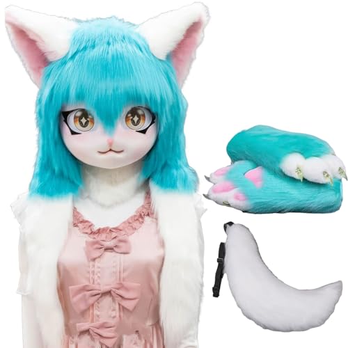 WLYEZAU Fursuit Kig Tiermaske, Pelzkapuze Mit Schwanz-Plüschhandschuhen, Party-Verkleidung, Tragbare Tierkapuze (Color : 10) von WLYEZAU