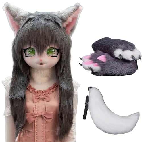 WLYEZAU Fursuit Kig Tiermaske, Pelzkapuze Mit Schwanz-Plüschhandschuhen, Party-Verkleidung, Tragbare Tierkapuze (Color : 12) von WLYEZAU