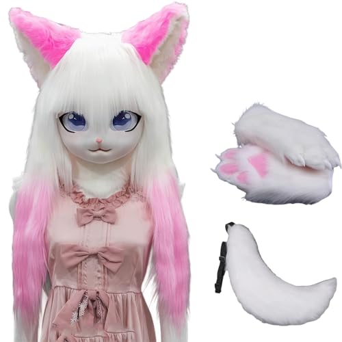 WLYEZAU Fursuit Kig Tiermaske, Pelzkapuze Mit Schwanz-Plüschhandschuhen, Party-Verkleidung, Tragbare Tierkapuze (Color : 17) von WLYEZAU