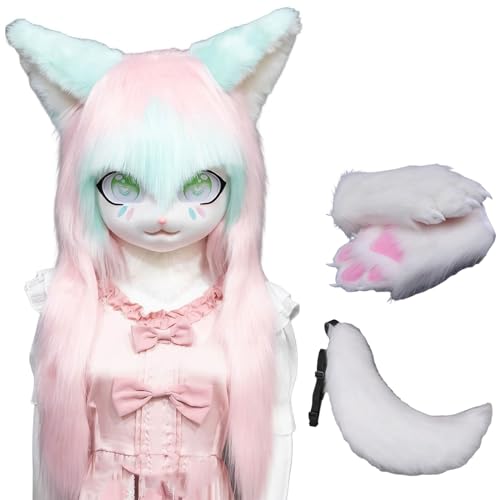 WLYEZAU Fursuit Kig Tiermaske, Pelzkapuze Mit Schwanz-Plüschhandschuhen, Party-Verkleidung, Tragbare Tierkapuze (Color : 2) von WLYEZAU