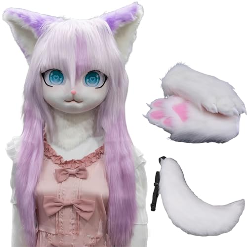 WLYEZAU Fursuit Kig Tiermaske, Pelzkapuze Mit Schwanz-Plüschhandschuhen, Party-Verkleidung, Tragbare Tierkapuze (Color : 3) von WLYEZAU