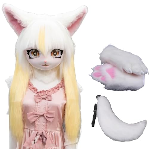 WLYEZAU Fursuit Kig Tiermaske, Pelzkapuze Mit Schwanz-Plüschhandschuhen, Party-Verkleidung, Tragbare Tierkapuze (Color : 4) von WLYEZAU