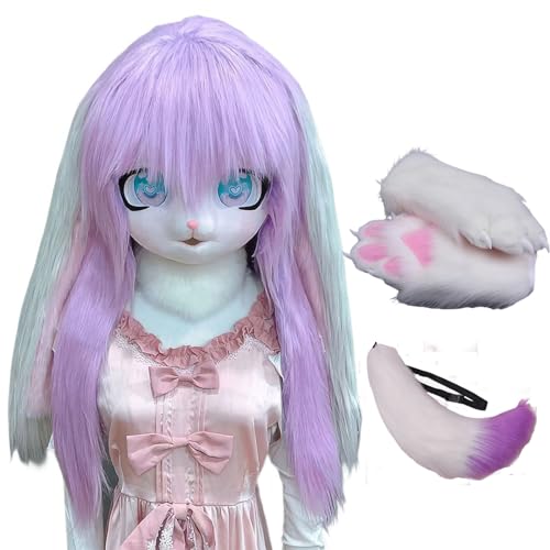 WLYEZAU Fursuit Kig Tiermaske, Tierkapuze Im Anime-Stil Mit Schwanz Und Plüschhandschuhen, Tragbare Kapuzenparty-Verkleidung (Color : 3) von WLYEZAU