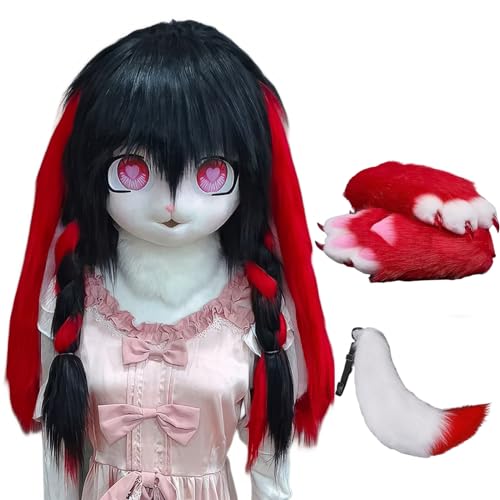 WLYEZAU Fursuit Kig Tiermaske, Tierkapuze Im Anime-Stil Mit Schwanz Und Plüschhandschuhen, Tragbare Kapuzenparty-Verkleidung (Color : 4) von WLYEZAU