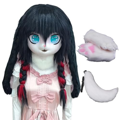 WLYEZAU Fursuit Kig Tiermaske, Tierkapuze Im Anime-Stil Mit Schwanz Und Plüschhandschuhen, Tragbare Kapuzenparty-Verkleidung (Color : 7) von WLYEZAU