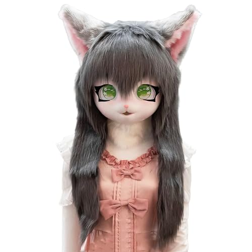 WLYEZAU Fursuit-Kig-Tiermaske,Tierkapuze Im Anime-Stil,Lolita-Halloween-Kostüm-Kopfbedeckung, Tragbare Kapuzenparty-Verkleidung(Color:O) von WLYEZAU