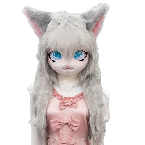 WLYEZAU Fursuit-Kig-Tiermaske,Tierkapuze Im Anime-Stil,Lolita-Halloween-Kostüm-Kopfbedeckung, Tragbare Kapuzenparty-Verkleidung(Color:P) von WLYEZAU