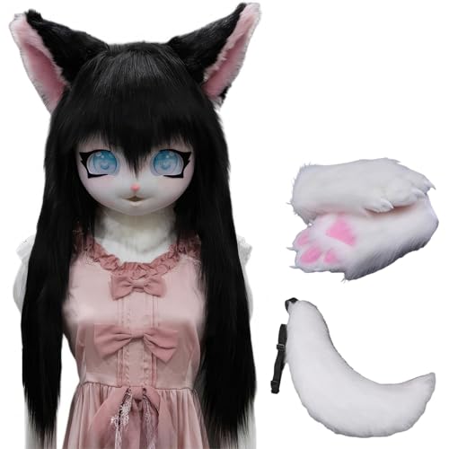 WLYEZAU Fursuit Kig Tiermaske Mit Schwanz-Plüschhandschuhen, Pelzkapuze, Comic-Con-Party-Verkleidung, Tragbare Tierkapuze (Color : 1) von WLYEZAU