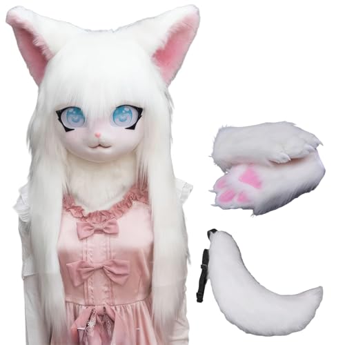 WLYEZAU Fursuit Kig Tiermaske Mit Schwanz-Plüschhandschuhen, Pelzkapuze, Comic-Con-Party-Verkleidung, Tragbare Tierkapuze (Color : 13) von WLYEZAU