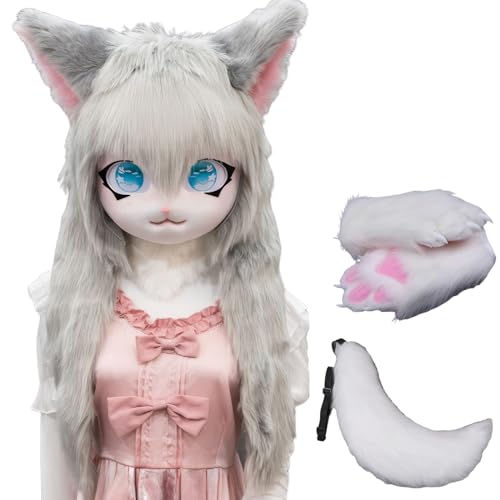 WLYEZAU Fursuit Kig Tiermaske Mit Schwanz-Plüschhandschuhen, Pelzkapuze, Comic-Con-Party-Verkleidung, Tragbare Tierkapuze (Color : 21) von WLYEZAU