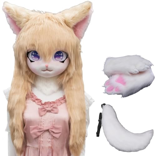 WLYEZAU Fursuit Kig Tiermaske Mit Schwanz-Plüschhandschuhen, Pelzkapuze, Comic-Con-Party-Verkleidung, Tragbare Tierkapuze (Color : 23) von WLYEZAU