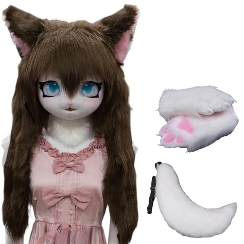 WLYEZAU Fursuit Kig Tiermaske Mit Schwanz-Plüschhandschuhen, Pelzkapuze, Comic-Con-Party-Verkleidung, Tragbare Tierkapuze (Color : 3) von WLYEZAU