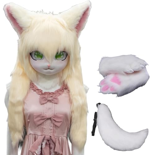 WLYEZAU Fursuit Kig Tiermaske Mit Schwanz-Plüschhandschuhen, Pelzkapuze, Comic-Con-Party-Verkleidung, Tragbare Tierkapuze (Color : 6) von WLYEZAU