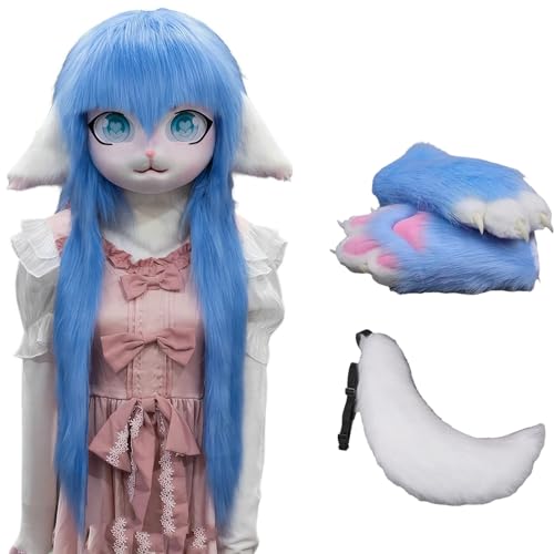 WLYEZAU Fursuit Kig Tiermaske Mit Schwanz-Plüschhandschuhen, Pelzkapuze, Party-Verkleidung, Tragbare Tierkapuze (Color : 13) von WLYEZAU